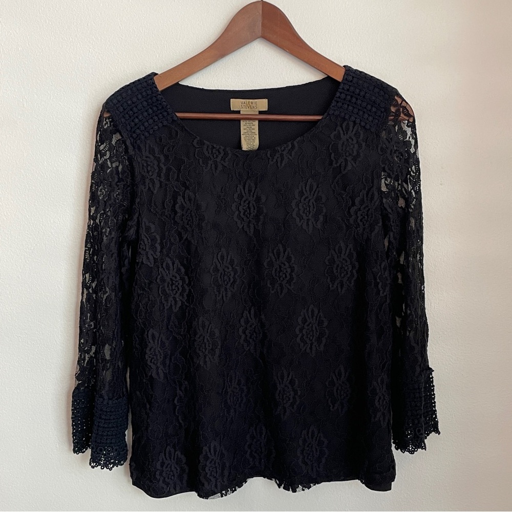 Valerie Stevens Black Lace Bell Sleeve Top Sz S Y2K Whimsigoth Witchy Fairy Boho